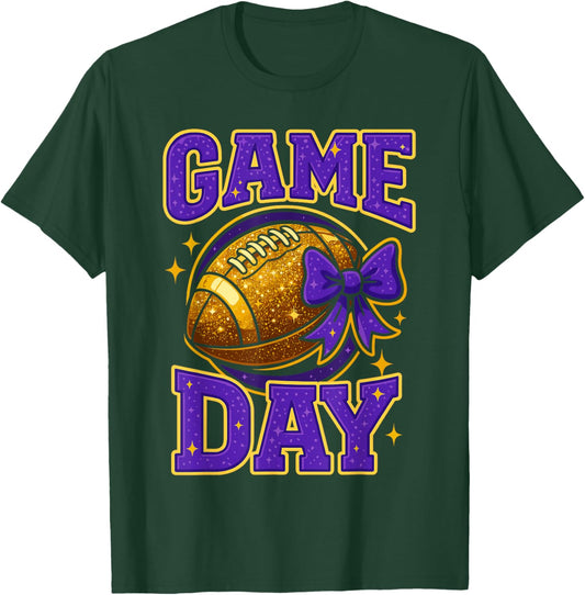 Purple and Gold Game Day Outfits, Football Mom Coquette Bow T-Shirt - T-Shirt | Forest