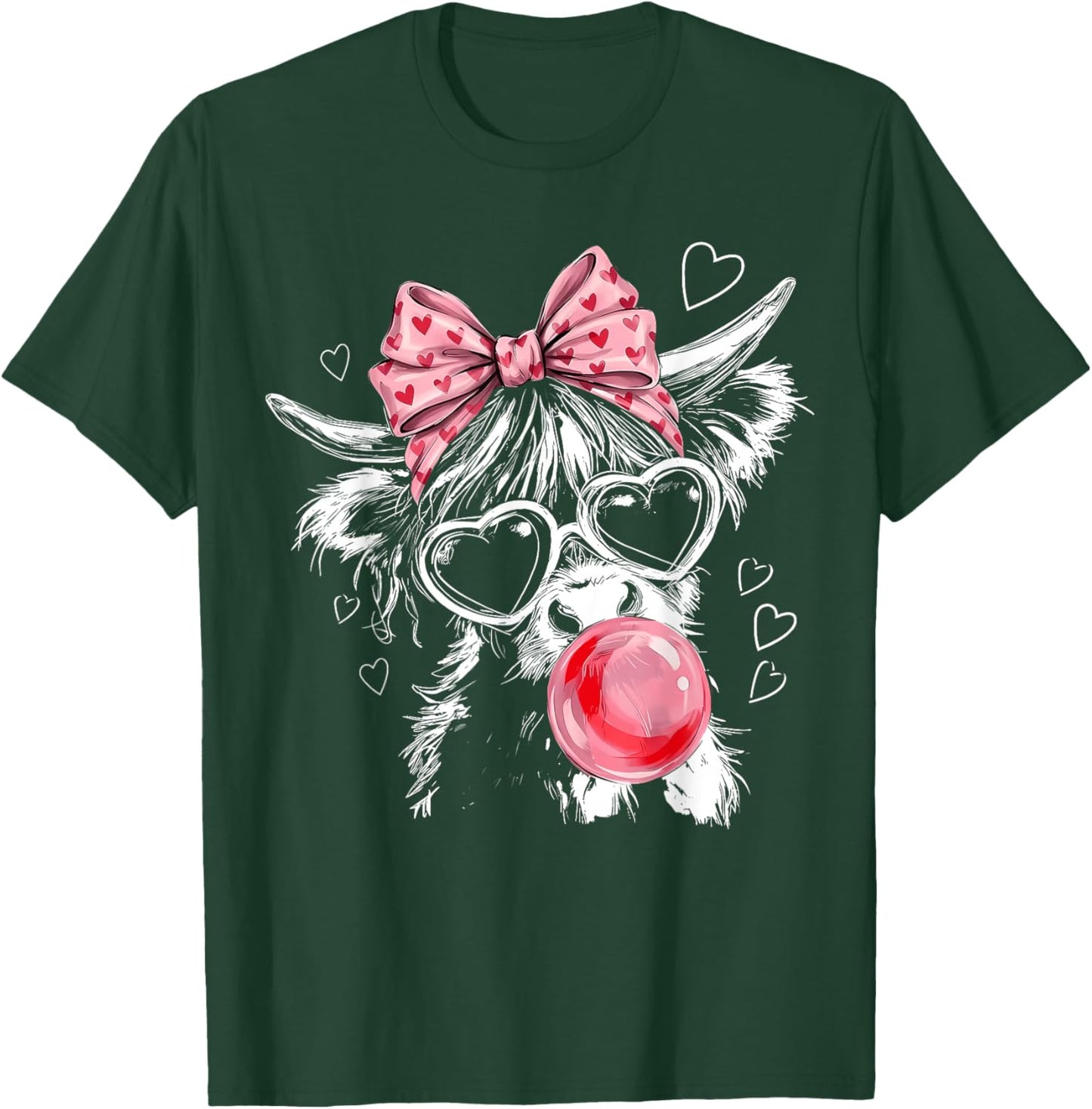 Cute Highland Cow Pink Bow Coquette Red Heart Valentine T-Shirt - T-Shirt | Forest