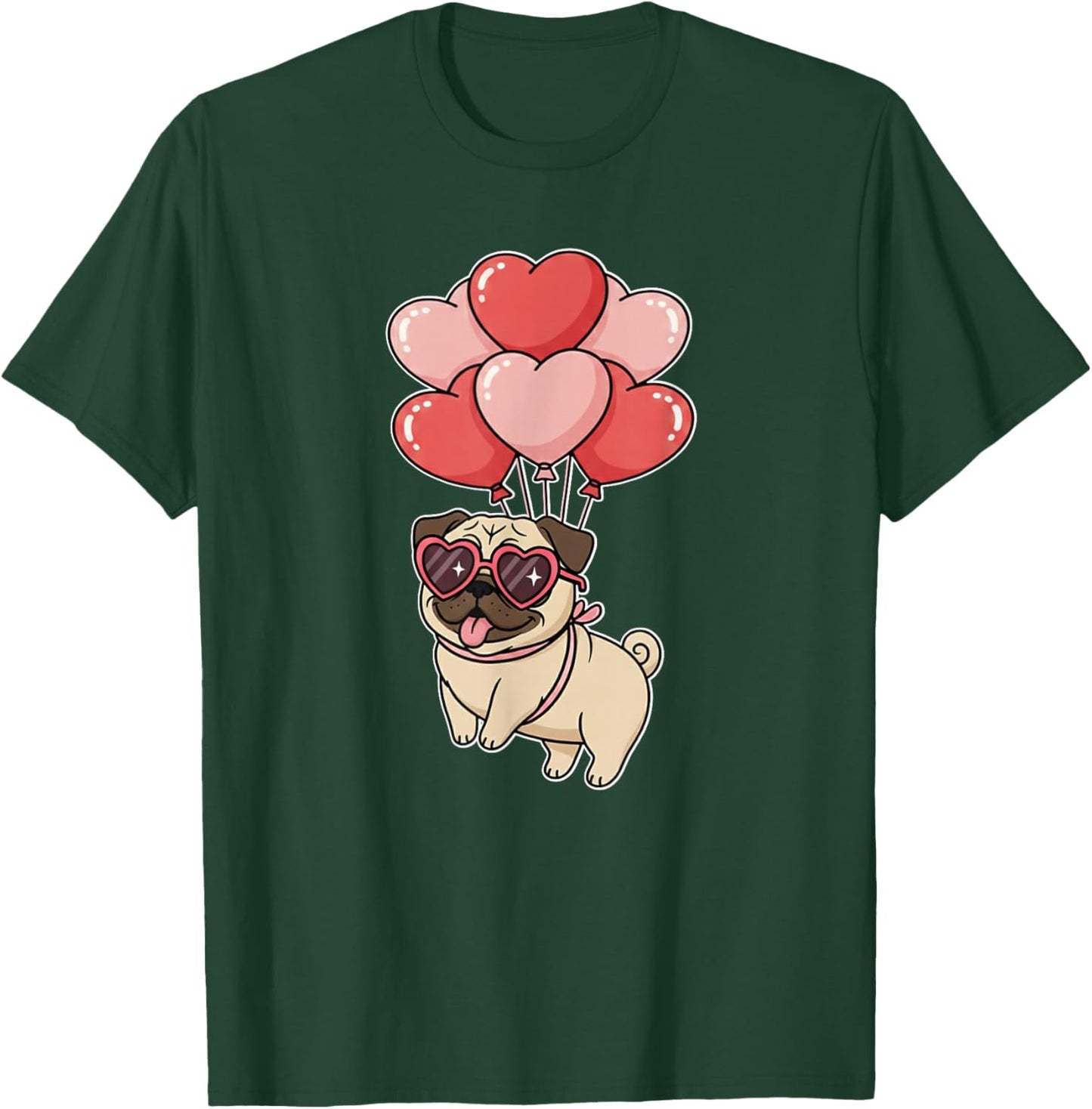 Girls Women Valentines Day Heart Balloons Tan Fawn Pug Lover T-Shirt - T-Shirt | Forest