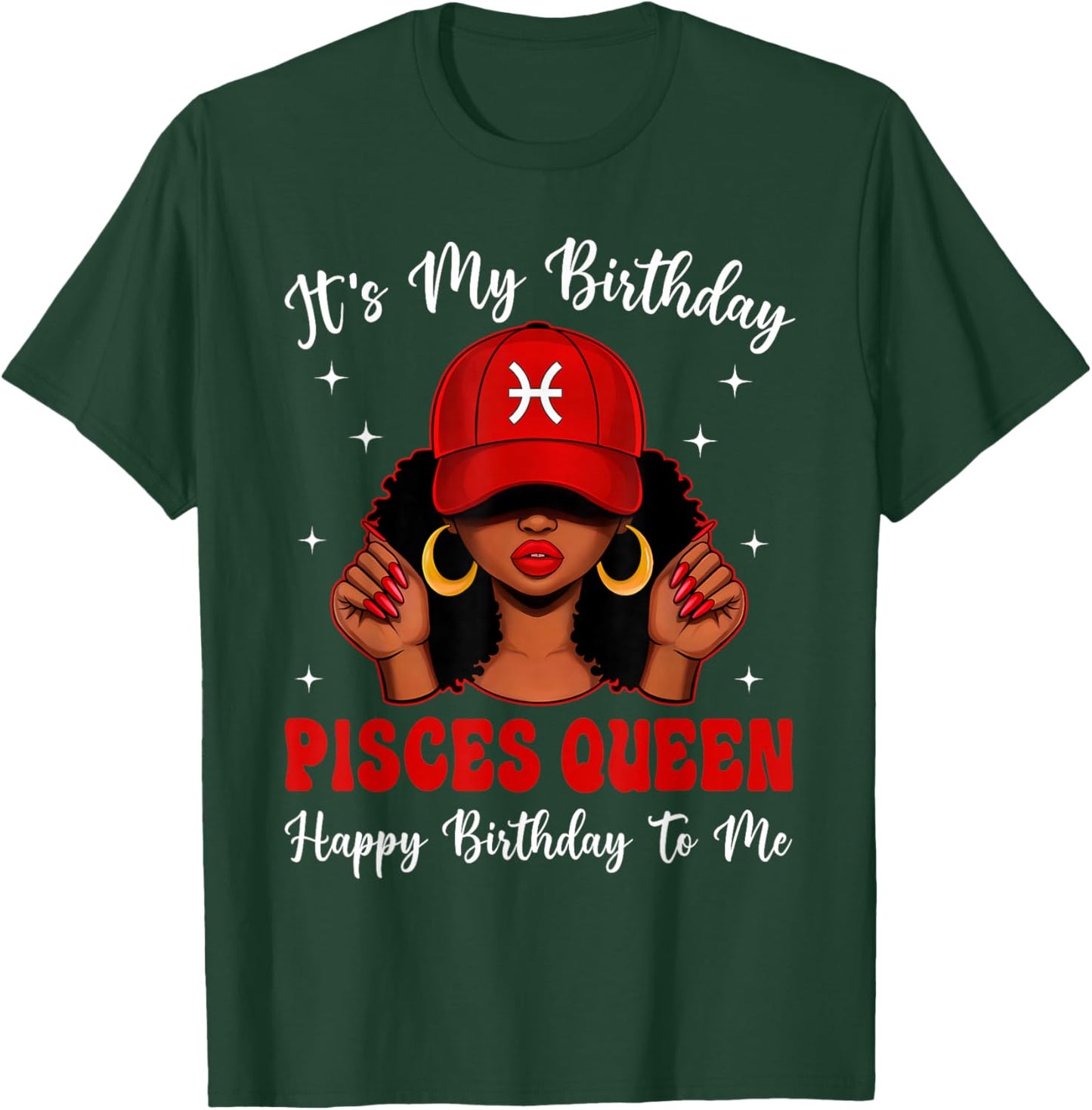 Pisces Queen Afro Women Red Cap Black Girl Birthday T-Shirt - T-Shirt | Forest