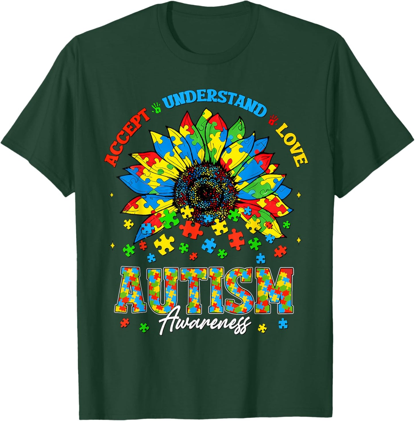 Accept Understand Autism Awareness Sunflower Men Women Kids T-Shirt - T-Shirt | Forest