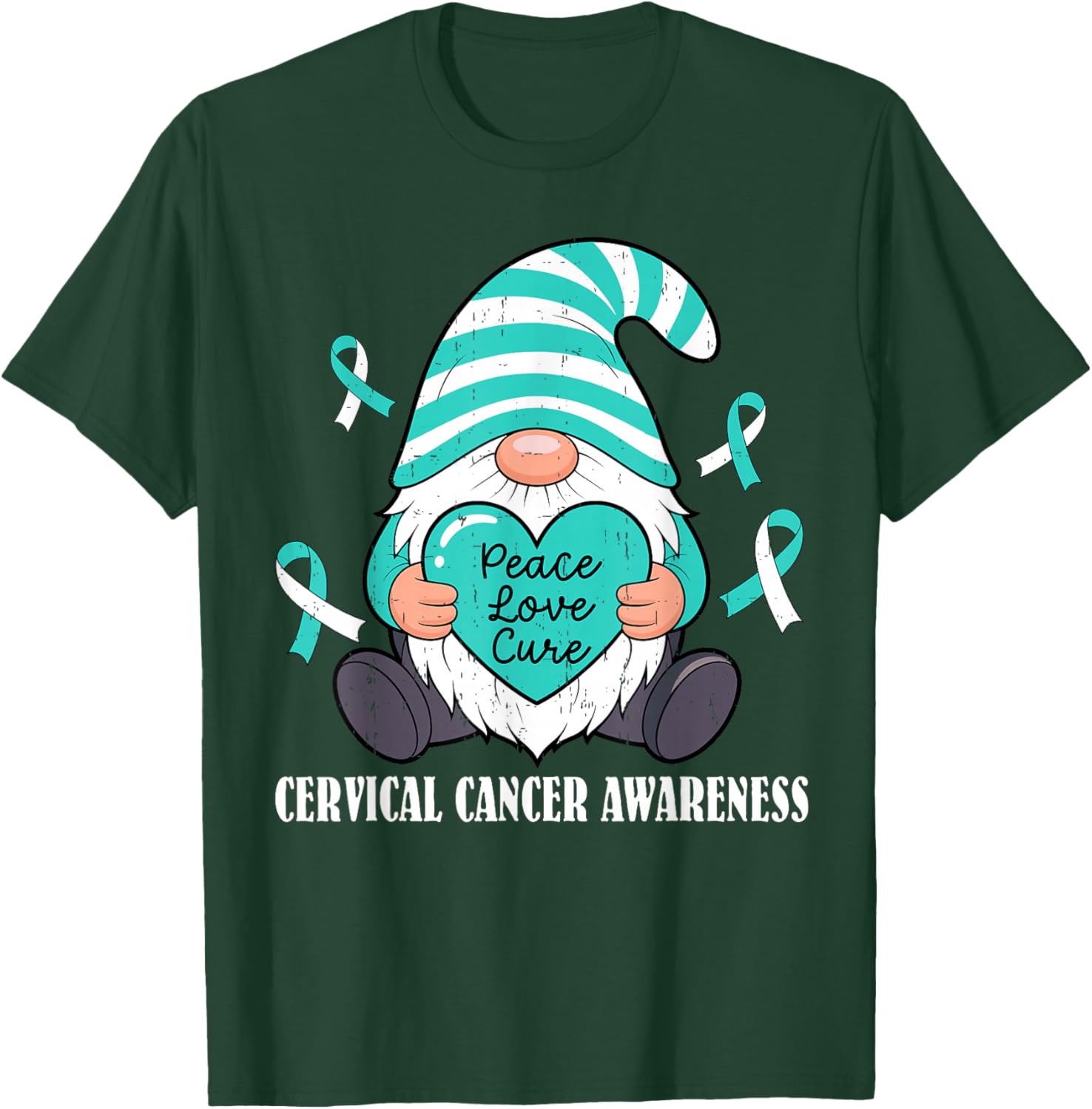 Cute Gnome Ribbon Peace Love Cervical Cancer Awareness Women T-Shirt - T-Shirt | Forest