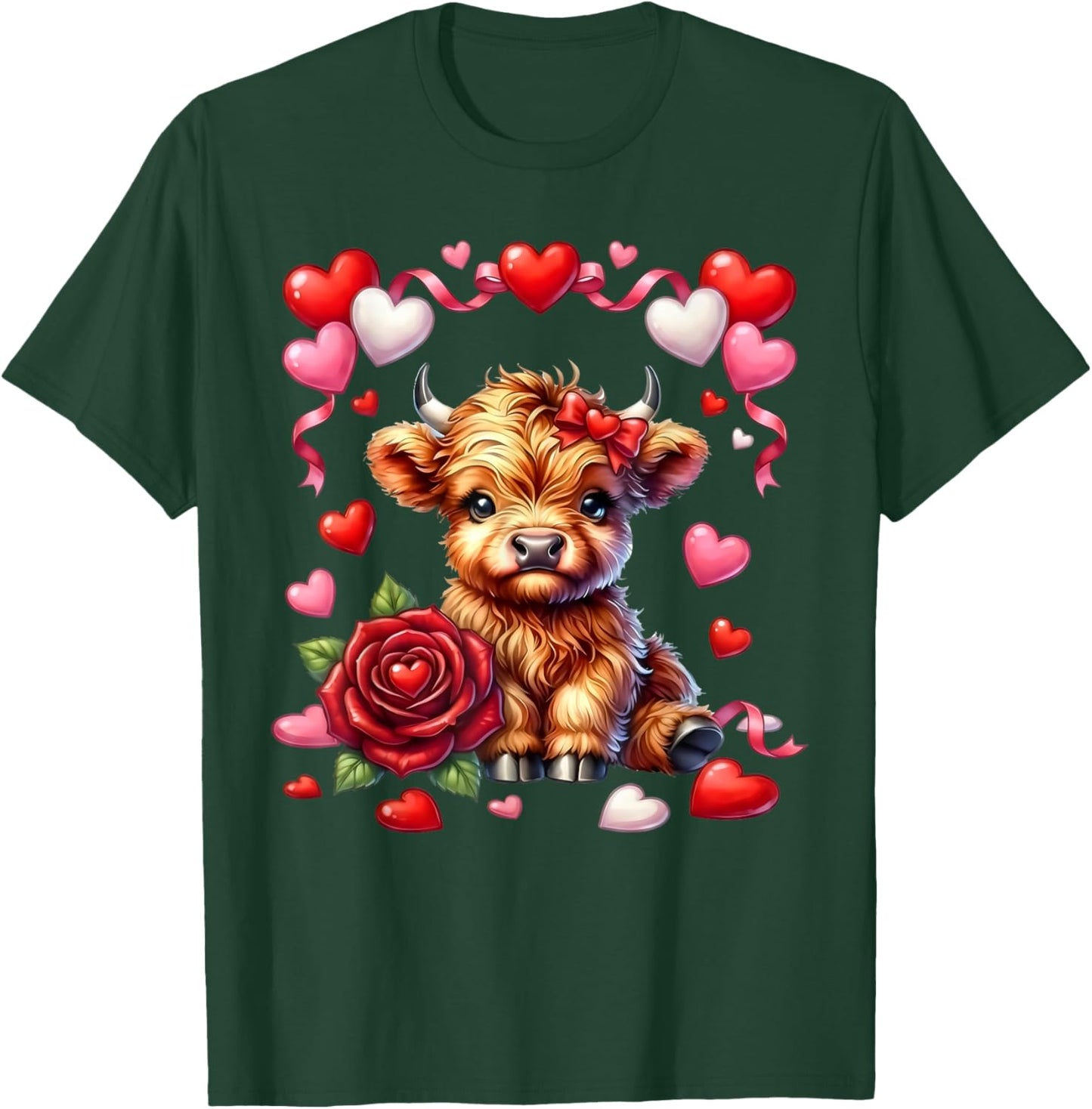 Cute Kawaii Highland Cow Heart Coquette Bow Valentines Day T-Shirt - T-Shirt | Forest