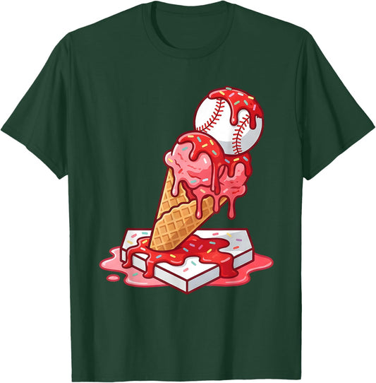 Baseball Ice Cream Drip Youth Strawberry Baseball Red T-Shirt - T-Shirt | Forest