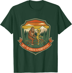 Off to Cause A Kerfuffle Bigfoot Alien Riding Bikes T-Shirt - T-Shirt | Forest