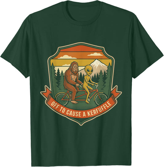 Off to Cause A Kerfuffle Bigfoot Alien Riding Bikes T-Shirt - T-Shirt | Forest