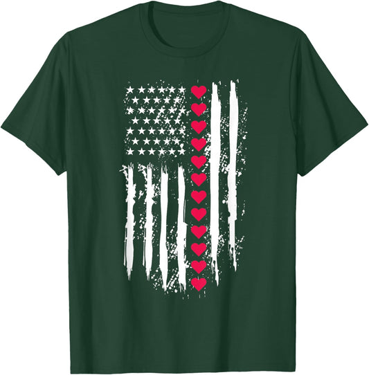 Valentines Red Hearts US American Flag Patriotic Lover T-Shirt - T-Shirt | Forest