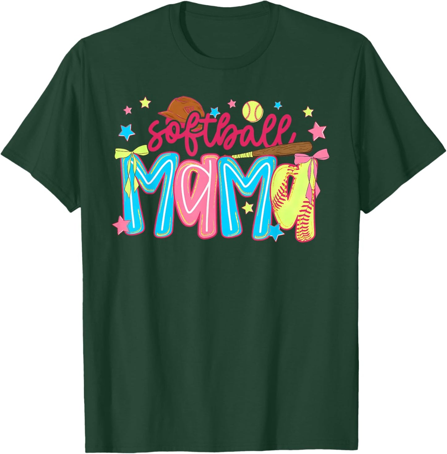 Softball Mama Preppy Coquette Bow Stars Game Day Mom Mother T-Shirt - T-Shirt | Forest