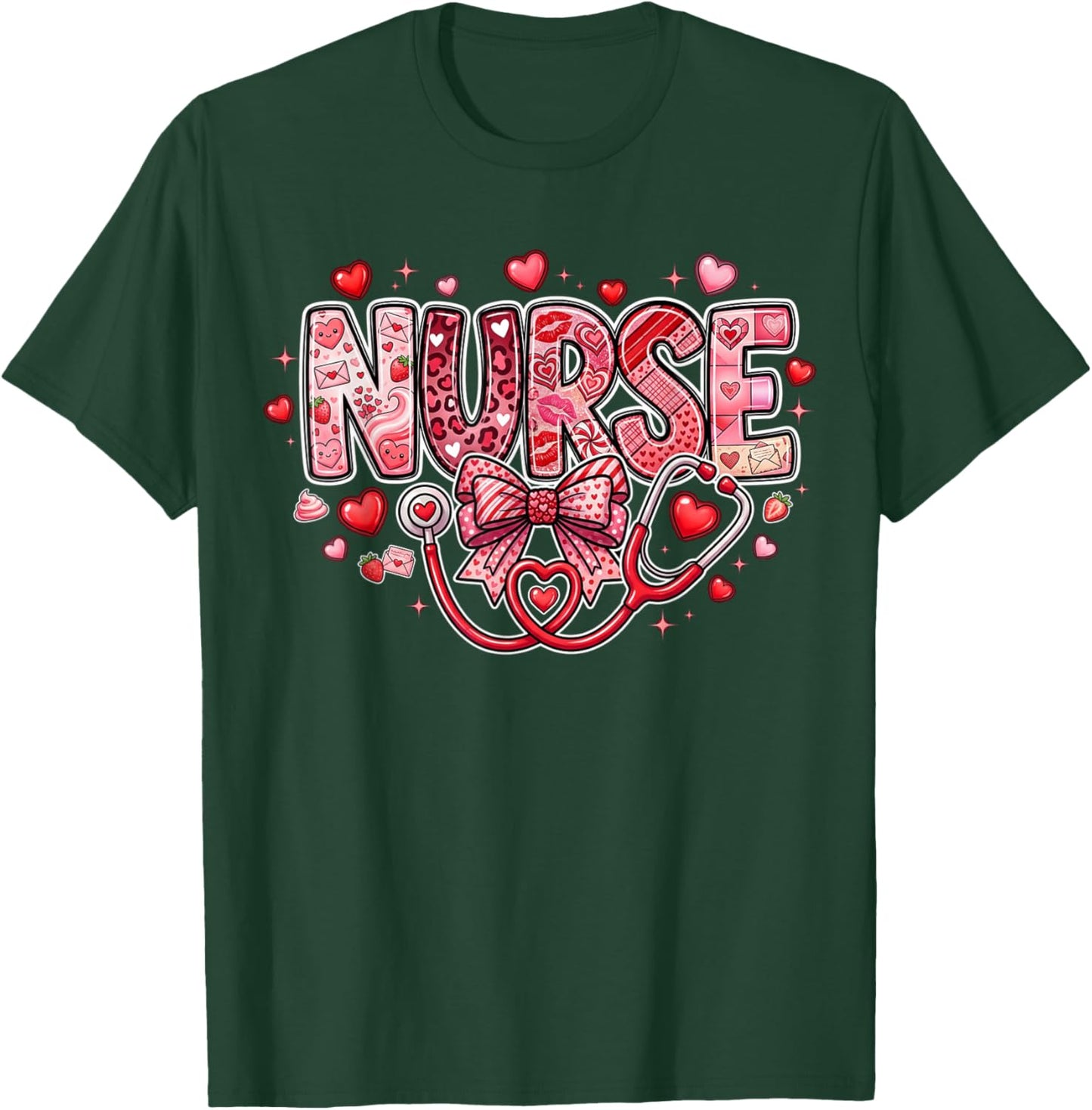 Red Healthcare ER RN CNA ICU Valentine Nurse Heart Nurses T-Shirt - T-Shirt | Forest
