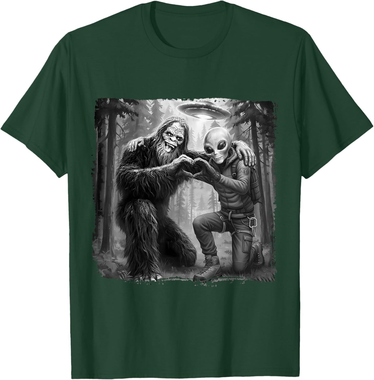 Alien with Big Foot UFO Forest Funny Friend Heart Hand Sign T-Shirt - T-Shirt | Forest