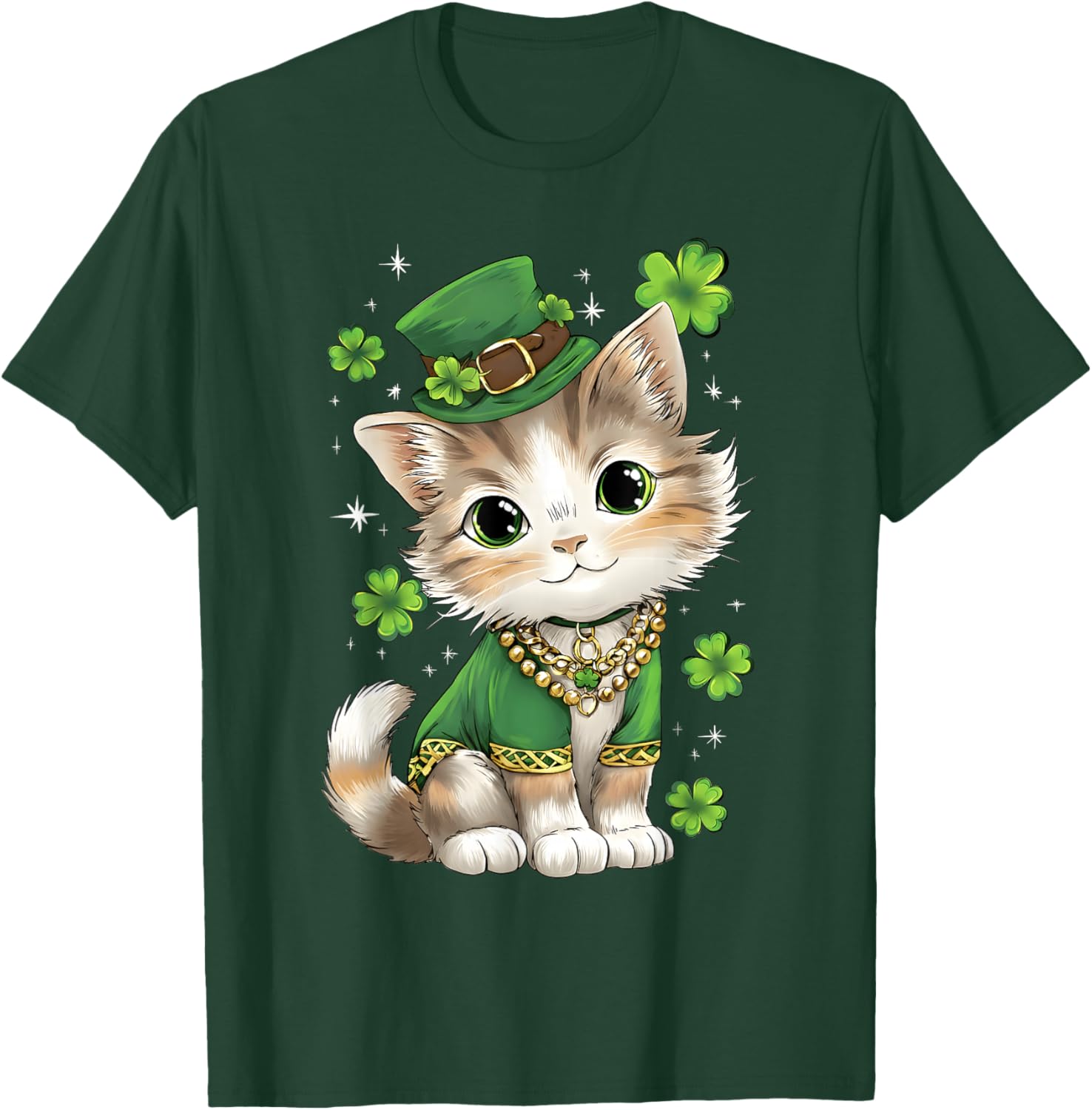 St Patricks Day Cat Leprechaun Hat Shamrock Saint Pattys Day T-Shirt - T-Shirt | Forest