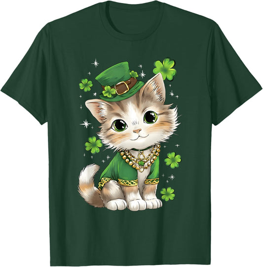 St Patricks Day Cat Leprechaun Hat Shamrock Saint Pattys Day T-Shirt - T-Shirt | Forest