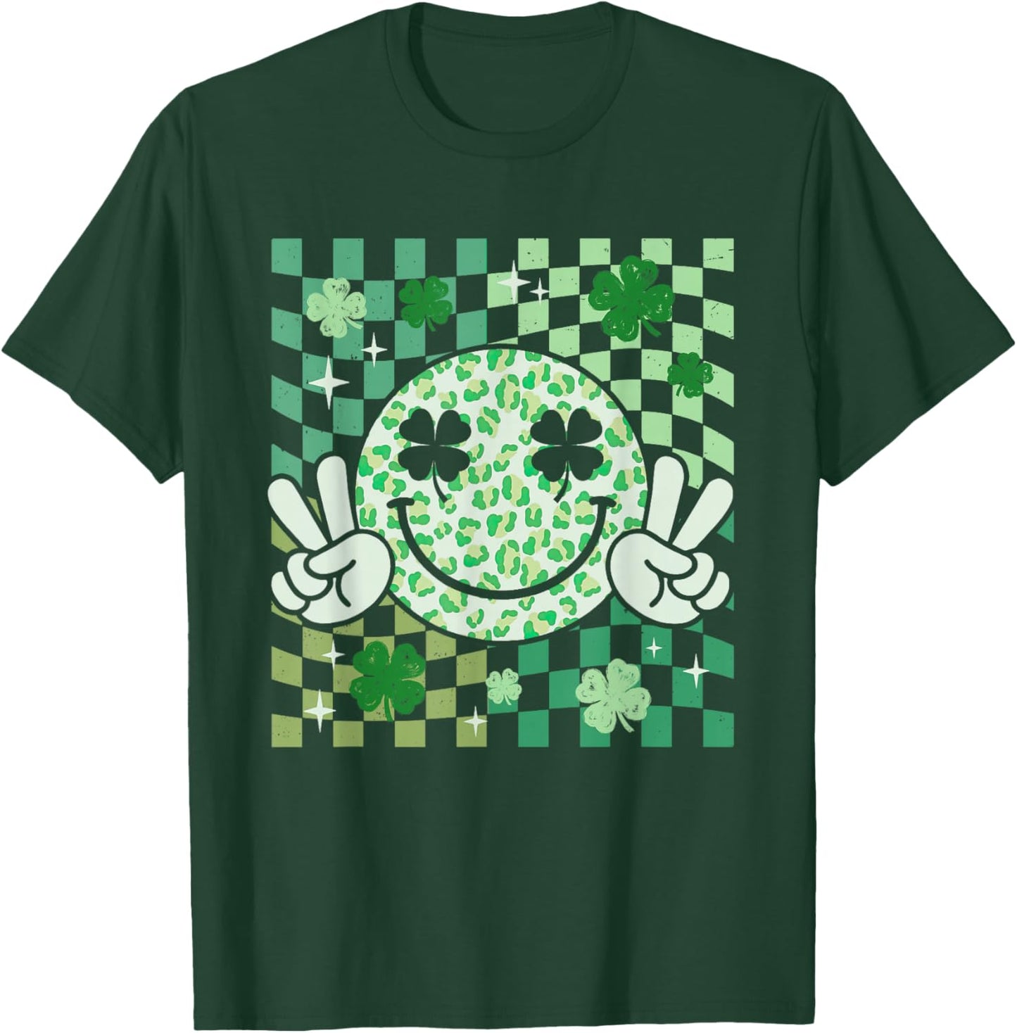 Groovy Smile Face St Patricks Day Shamrock Checker Women Kid T-Shirt - T-Shirt | Forest