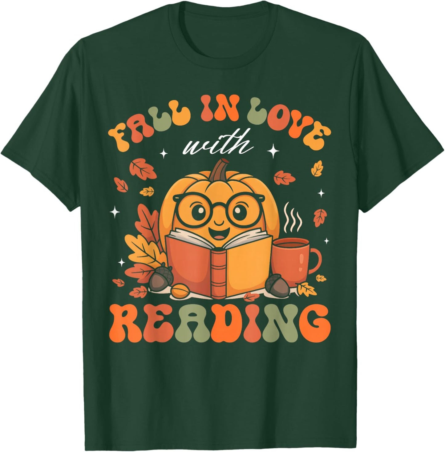 Fall in Love with Reading Book Autumn Pumpkins and Teachers T-Shirt - T-Shirt | Forest