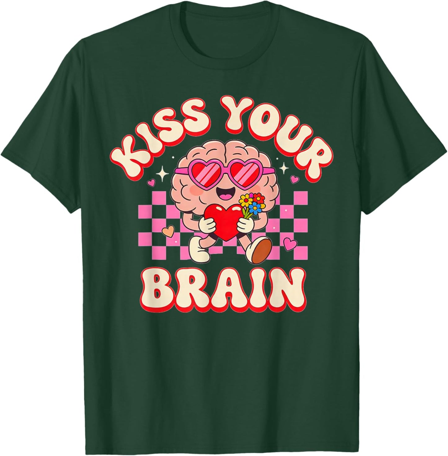 Groovy Kiss Your Brain Retro Valentines Day Teacher Kids T-Shirt - T-Shirt | Forest