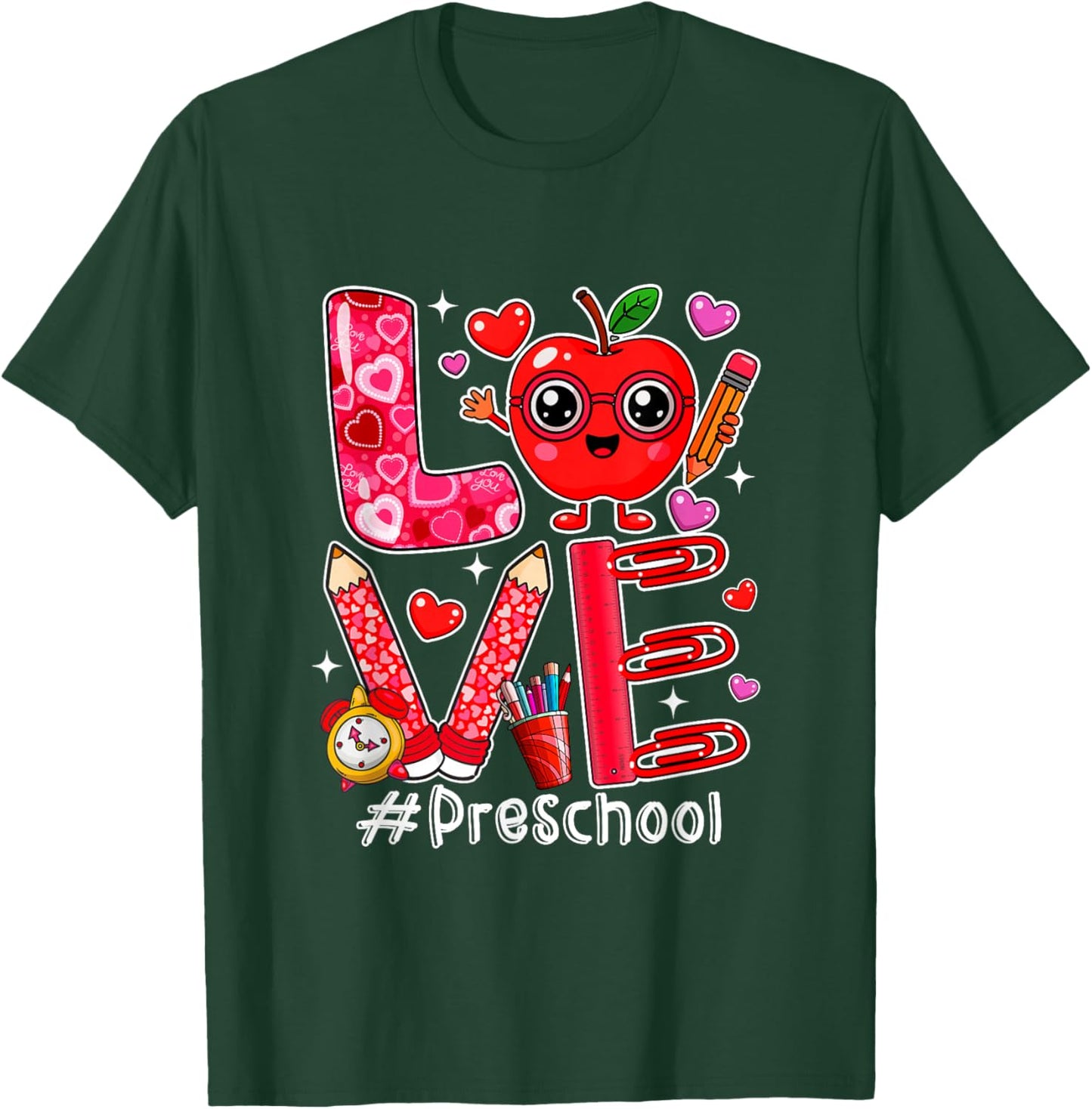 Love Preschool Cute Hearts Valentine's Day Students Teacher T-Shirt - T-Shirt | Forest