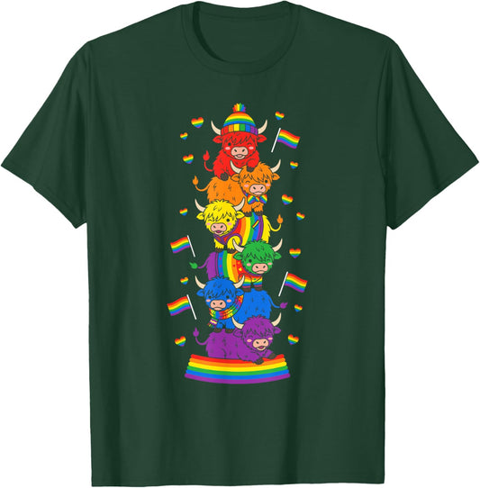 Funny LGBT Highland Cow Rainbow Lesbian Gay Pride Women Men T-Shirt - T-Shirt | Forest