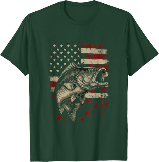 Fish Fishing USA Flag Men Women Fisherman T-Shirt - T-Shirt | Forest