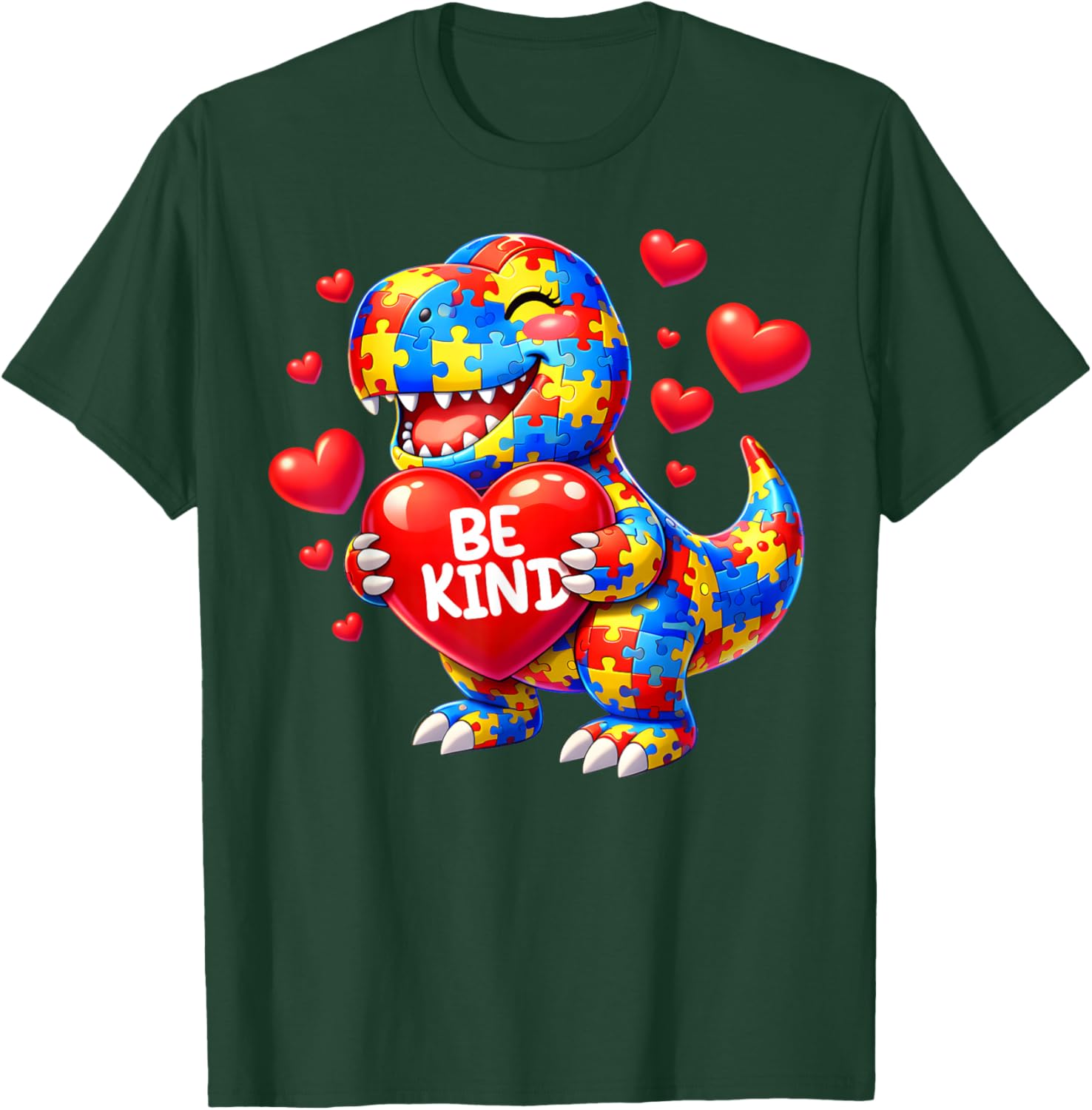 Autism Awareness Puzzle T Rex Dinosaur Be Kind Men Women Kid T-Shirt - T-Shirt | Forest