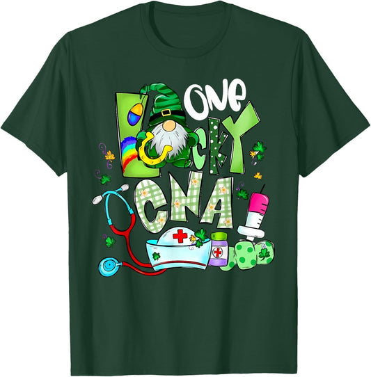 Lucky CNA Gnome St Patricks Day Nurse Shenanigans Irish T-Shirt - T-Shirt | Forest
