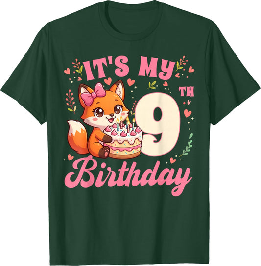 Fox Animal Lovers 9th Birthday Girl Fox B-Day 9 Years Old T-Shirt - T-Shirt | Forest