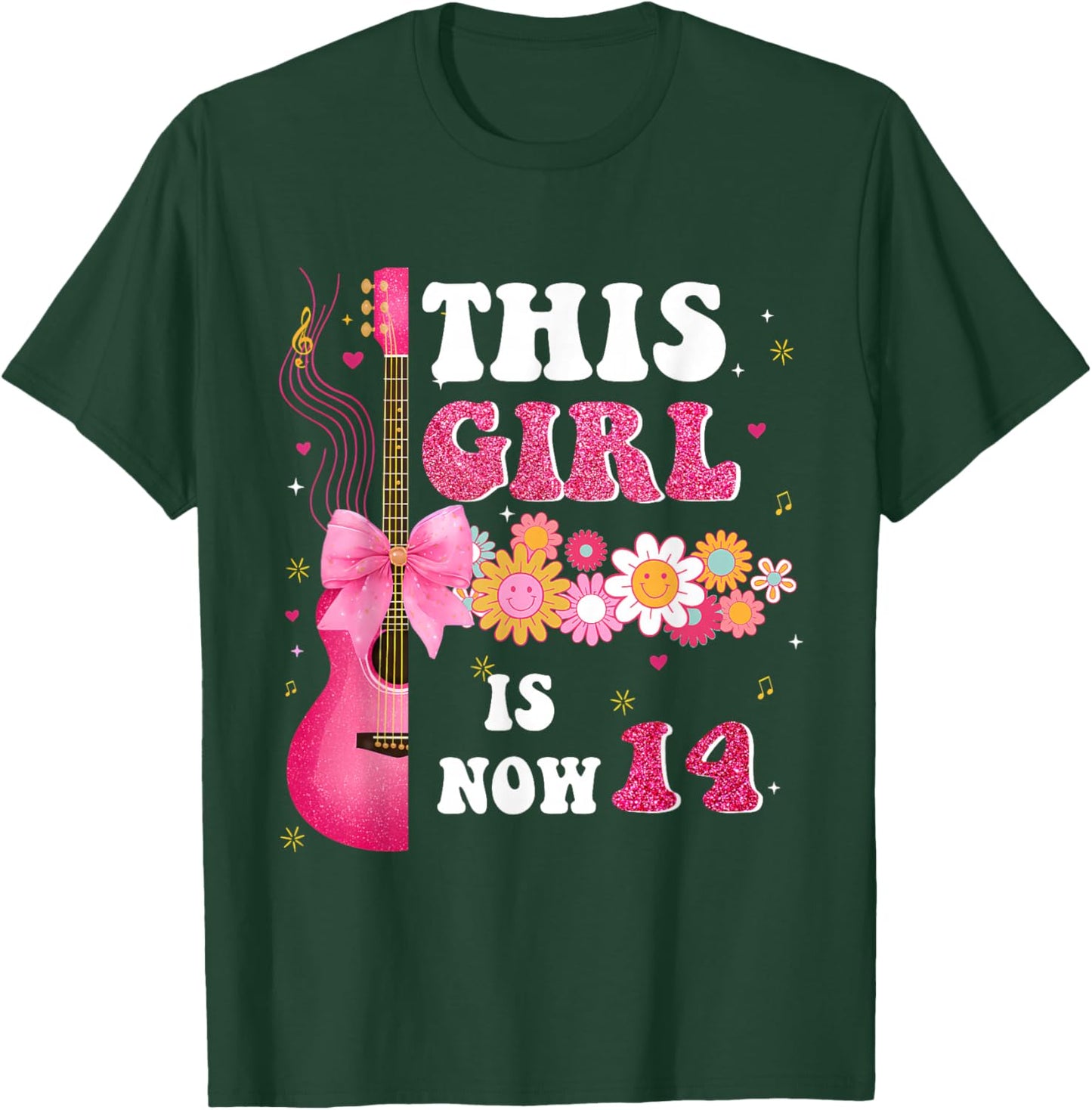 This Girl is Now 14 Cute Music Flower 14th Birthday T-Shirt - T-Shirt | Forest