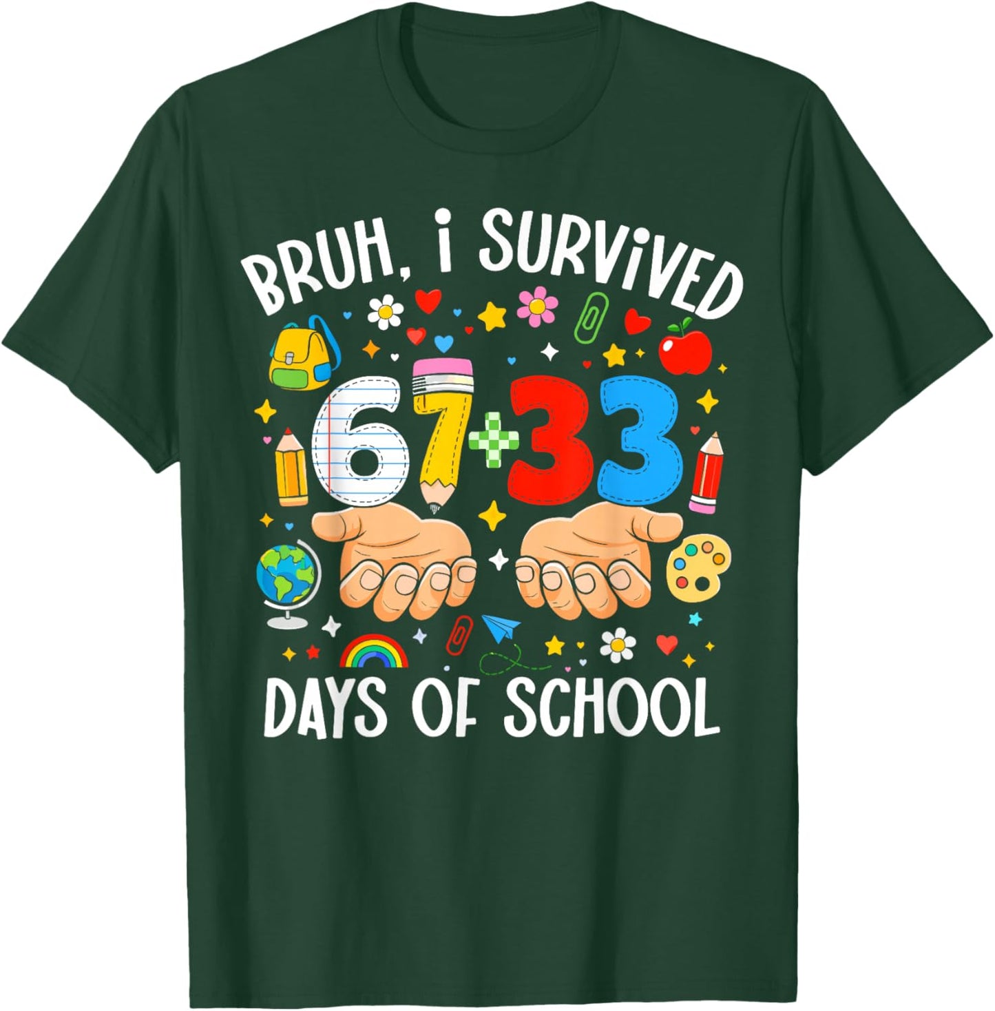 Bruh I Survived 67+33 Days of School Teacher 100 Days School T-Shirt - T-Shirt | Forest