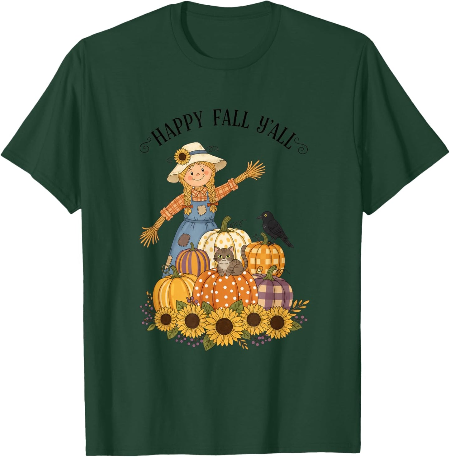 Happy Fall Y'all Scarecrow Pumpkin Sunflowers Autumn Thanksg T-Shirt - T-Shirt | Forest
