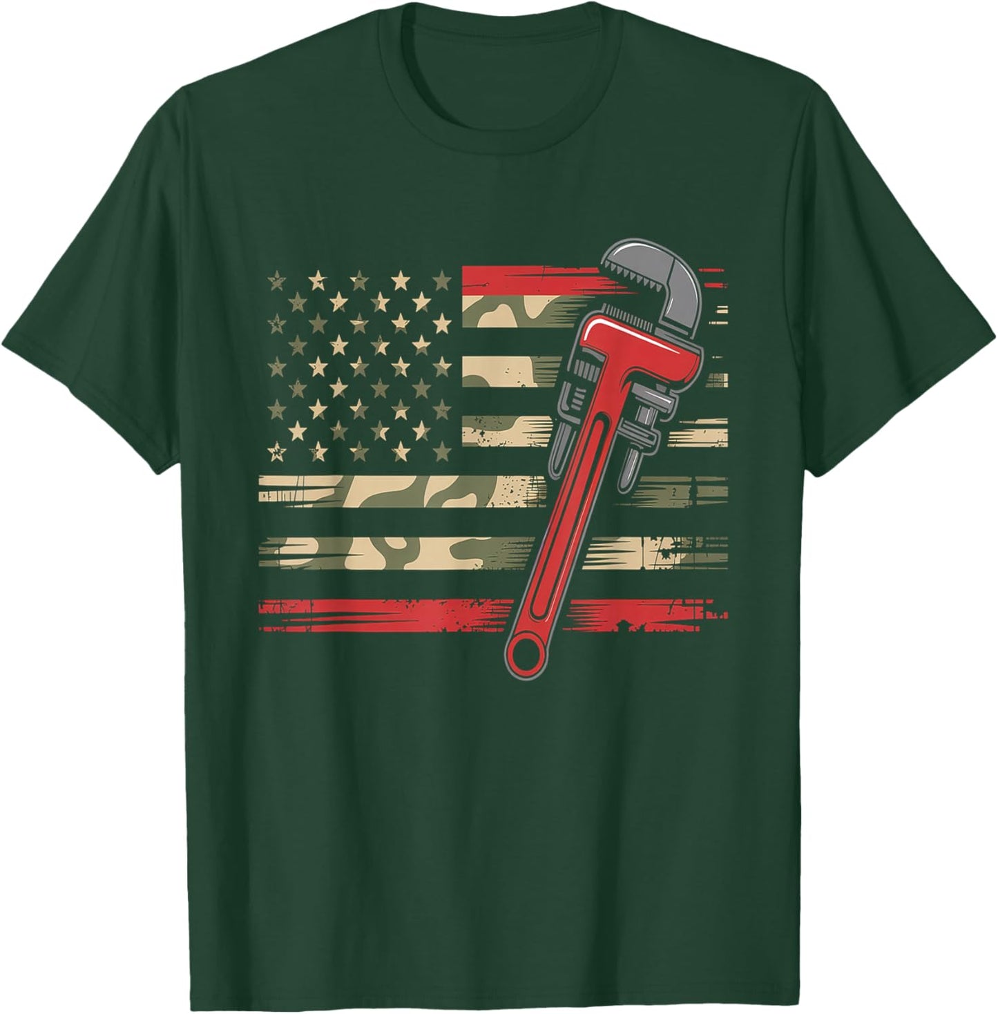 Plumber Camo USA Flag - Patriotic Plumbing Wrench T-Shirt - T-Shirt | Forest