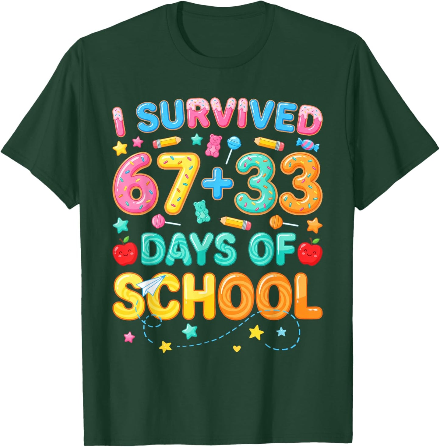 I Survived 67+33 Days of School 100 Days 6 7 Kids Boys Girls T-Shirt - T-Shirt | Forest