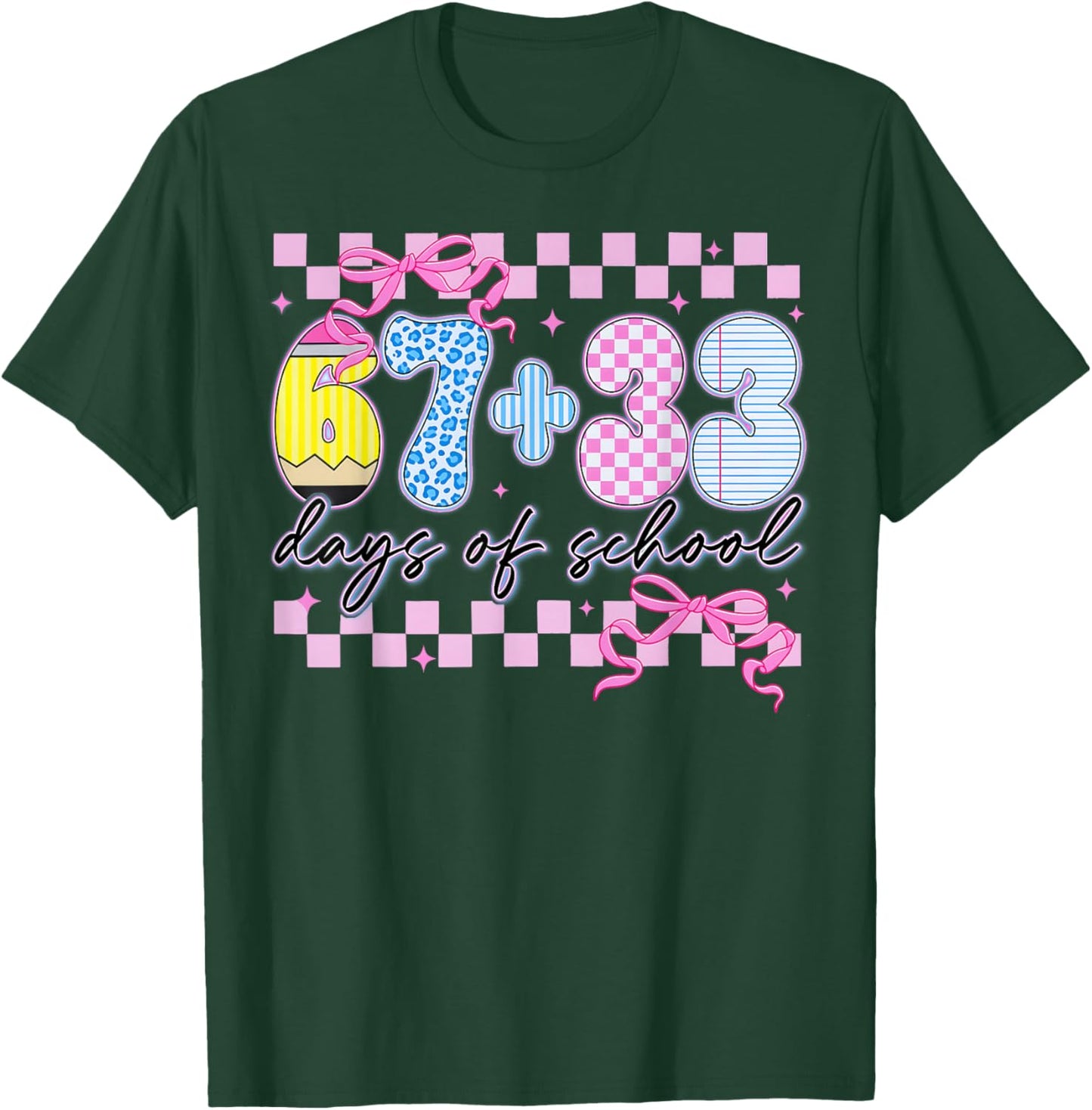 67 33 Days of School 100th Day Coquette Bow Girl Teacher T-Shirt - T-Shirt | Forest