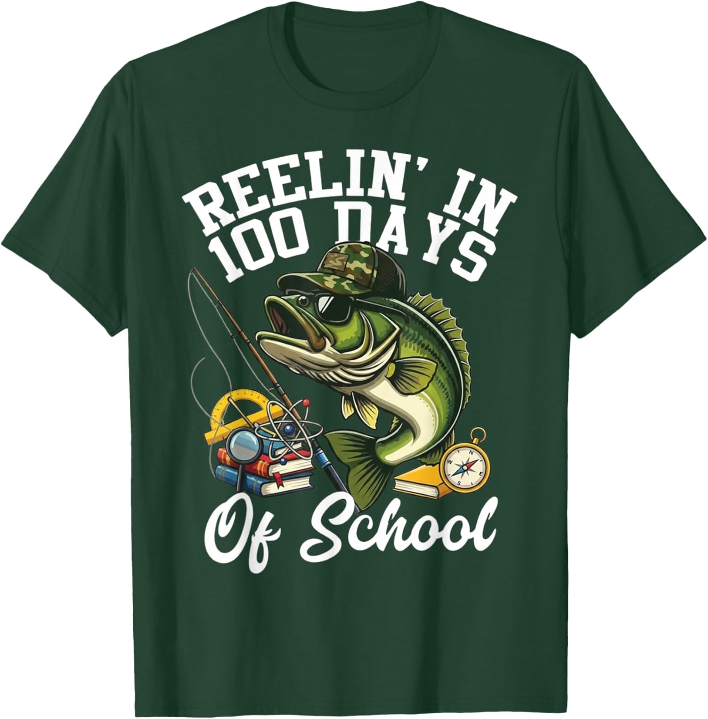 Reelin' in 100 Days of School Bass Camo Fishing Lover Boys T-Shirt - T-Shirt | Forest