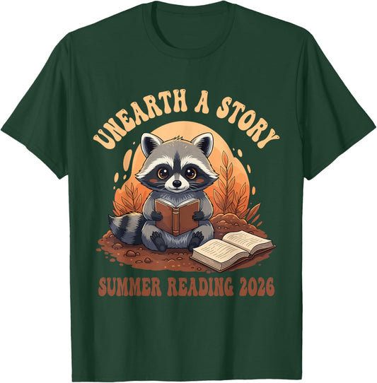 Unearth a Story Summer Reading 2026 Raccoon T-Shirt - T-Shirt | Forest