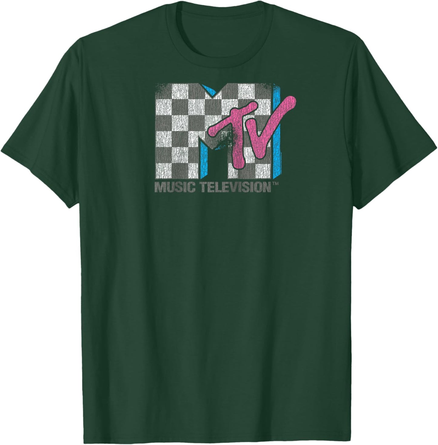 MTV Distressed Vintage Checkerboard Logo Music Television Raglan Baseball T-Shirt - T-Shirt | Forest