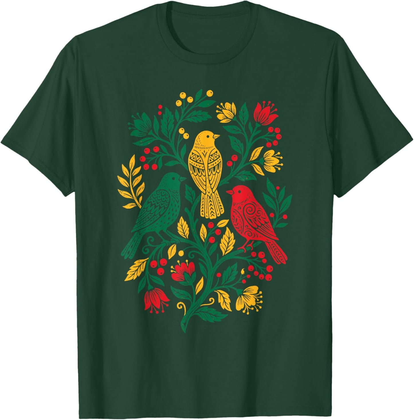 Rasta Reggae Roots Three Birds Jamaica Folk Art Floral T-Shirt - T-Shirt | Forest