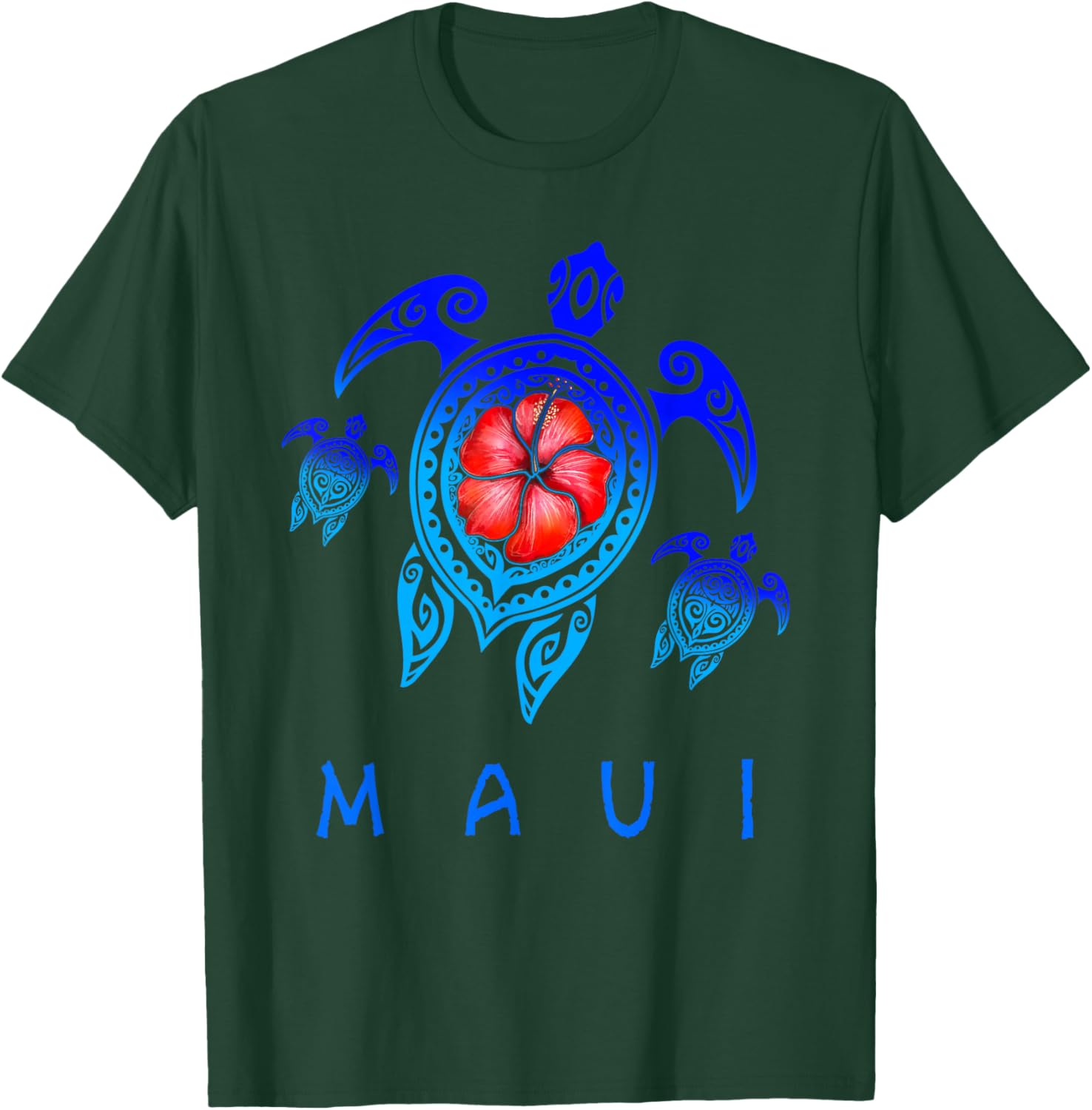 Maui Hawaii Sea Turtle Blue Tribal Hibiscus T-Shirt - T-Shirt | Forest