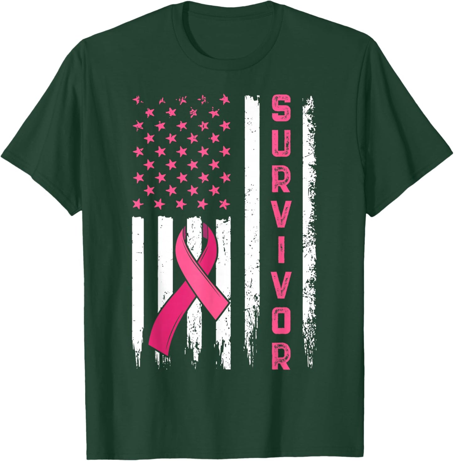 Survivor Breast Cancer Awareness Pink Ribbon US Flag T-Shirt - T-Shirt | Forest