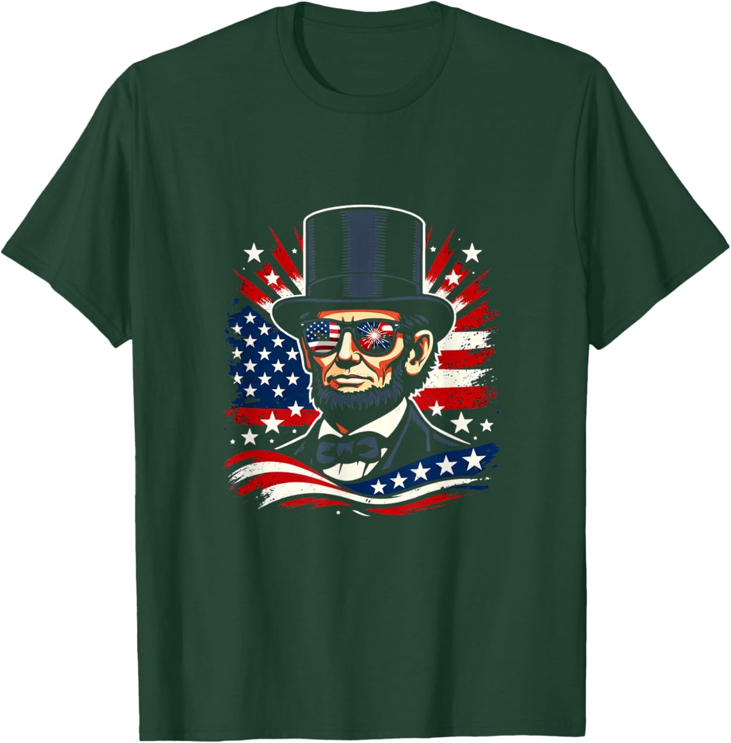 Abraham Lincoln Flag Sunglasses Patriotic Fireworks USA T-Shirt - T-Shirt | Forest