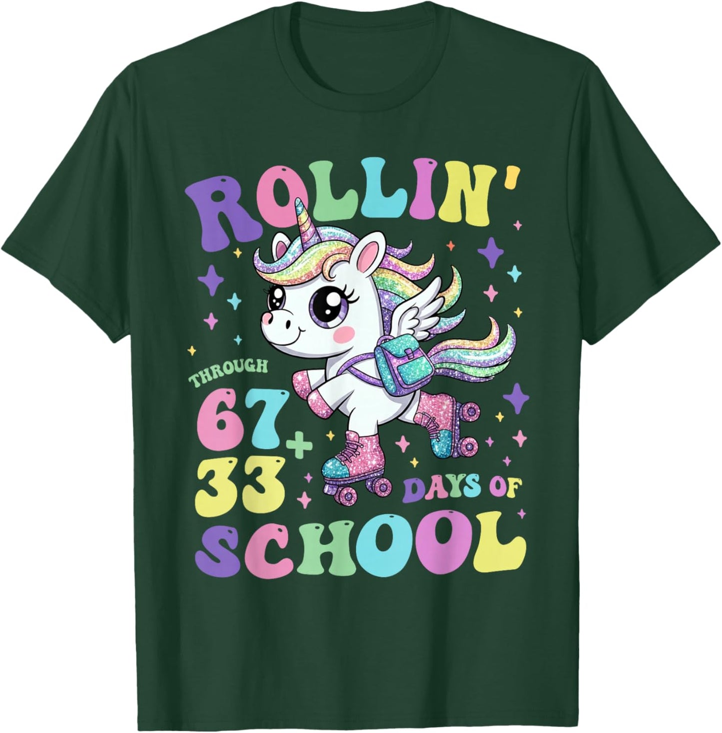 Rollin Through 100 Days of School Girls Teacher Unicorn T-Shirt - T-Shirt | Forest