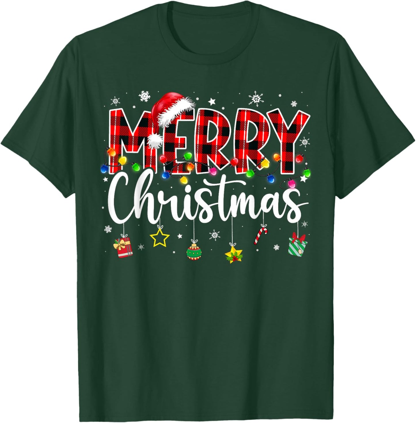Merry Christmas Buffalo Plaid Red Santa Hat Xmas Pajama T-Shirt - T-Shirt | Forest