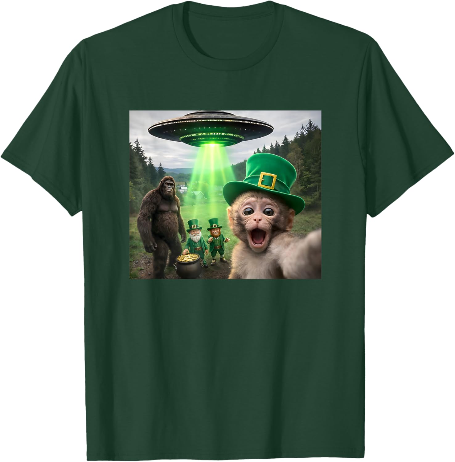 St Patricks Day Macaque Bigfoot UFO Leprechanun Funny Selfie T-Shirt - T-Shirt | Forest