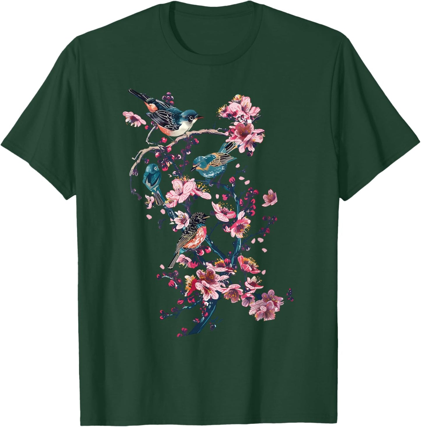 Japanese Birds Cherry Blossom Floral Vintage Woodblock Art T-Shirt - T-Shirt | Forest