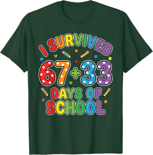 I Survived 67+33 Days of School 100 Days 6 7 Kids Boys Girls T-Shirt - T-Shirt | Forest