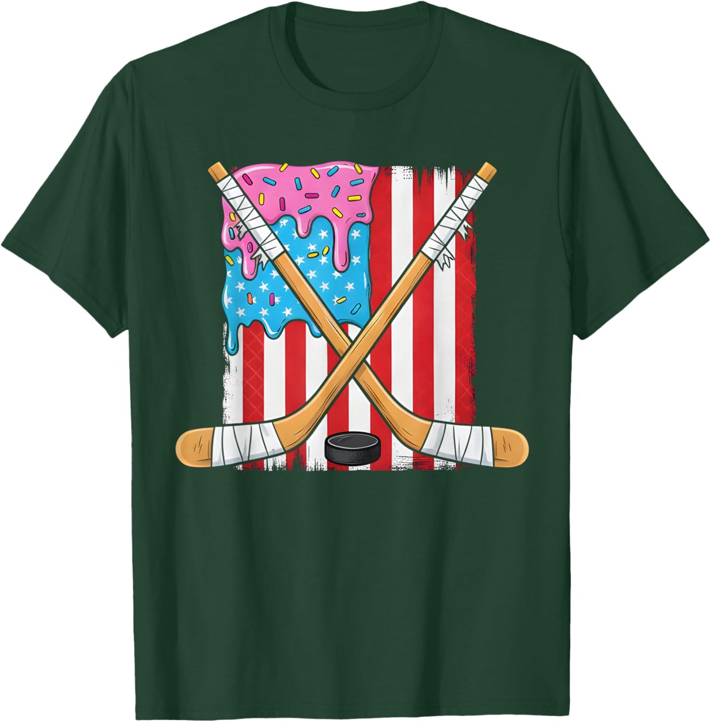 Ice Hockey Ice Cream Drip Boys American Flag Youth Players T-Shirt - T-Shirt | Forest