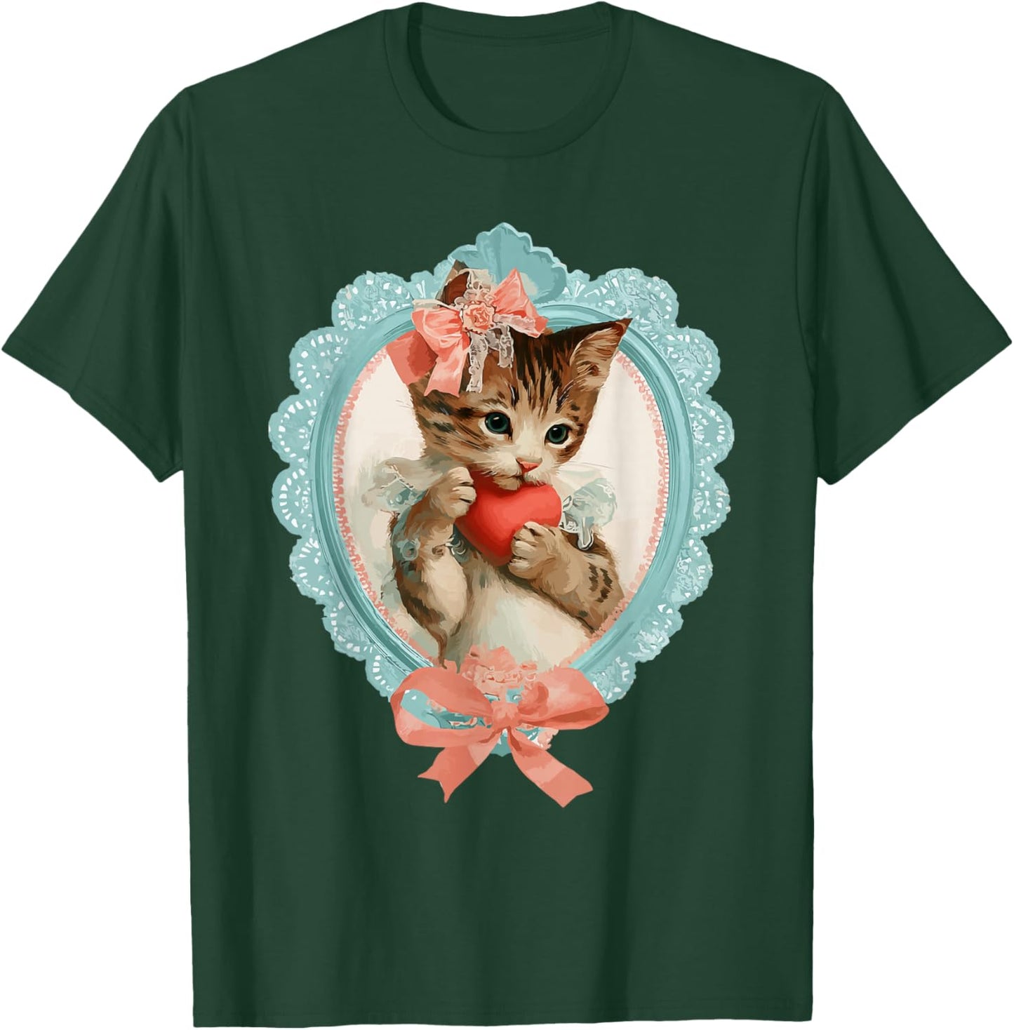 Cute Tabby Cat Valentine Kitty with Heart Vintage Coquette T-Shirt - T-Shirt | Forest