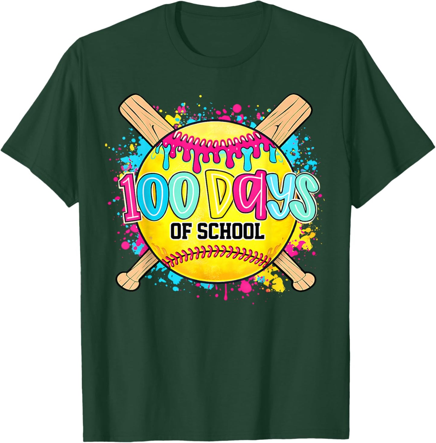100 Drippy Days of School Softball Dripping 100th Day Girls T-Shirt - T-Shirt | Forest