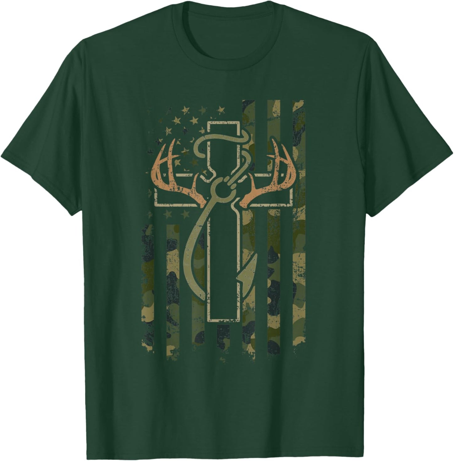 Faith Fishing Hunting Camo Us Flag Cross with Hook Christian T-Shirt - T-Shirt | Forest