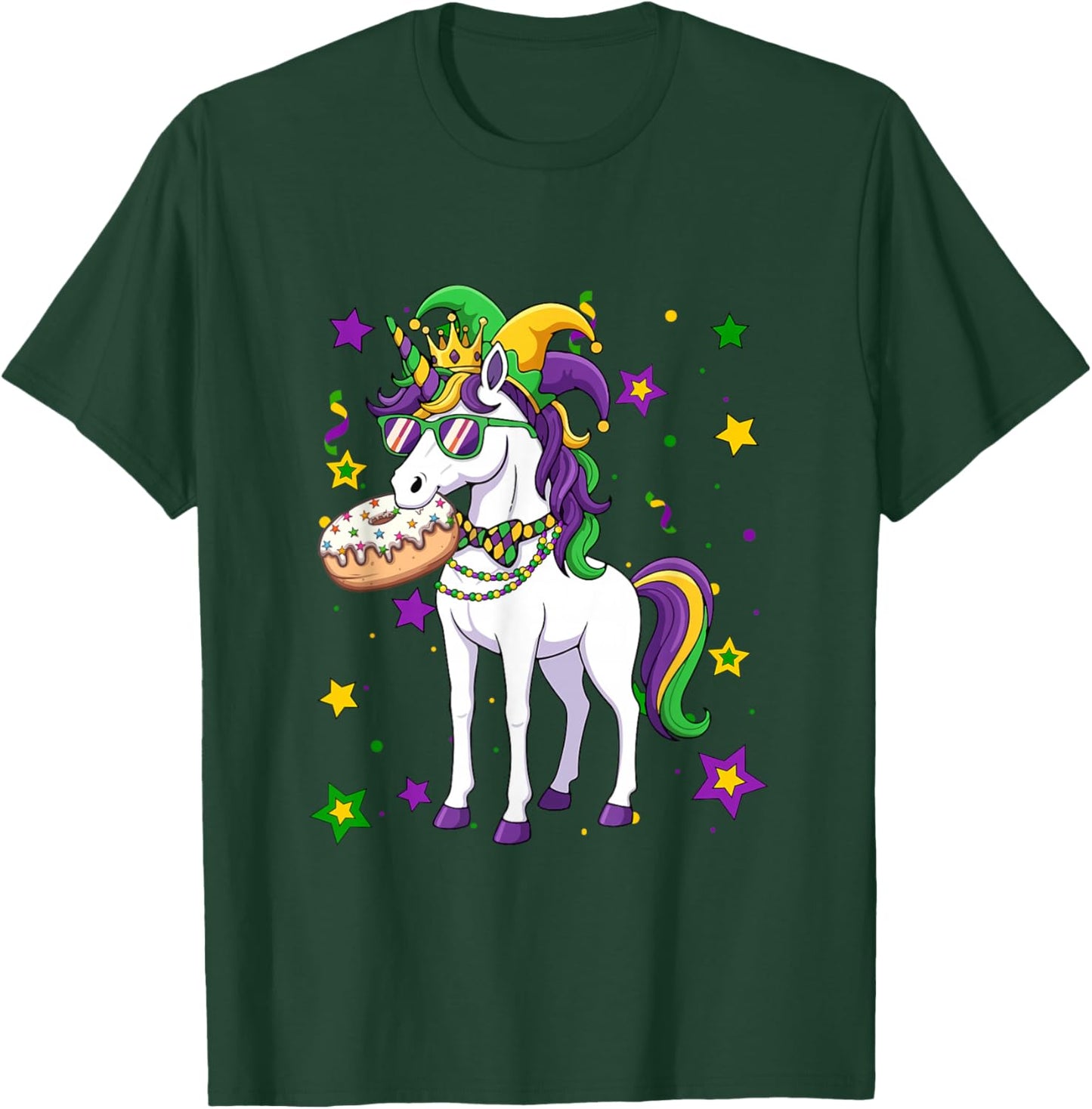 Unicorn Jester Hat Eating Donut Mardi Gras Beads Parades T-Shirt - T-Shirt | Forest