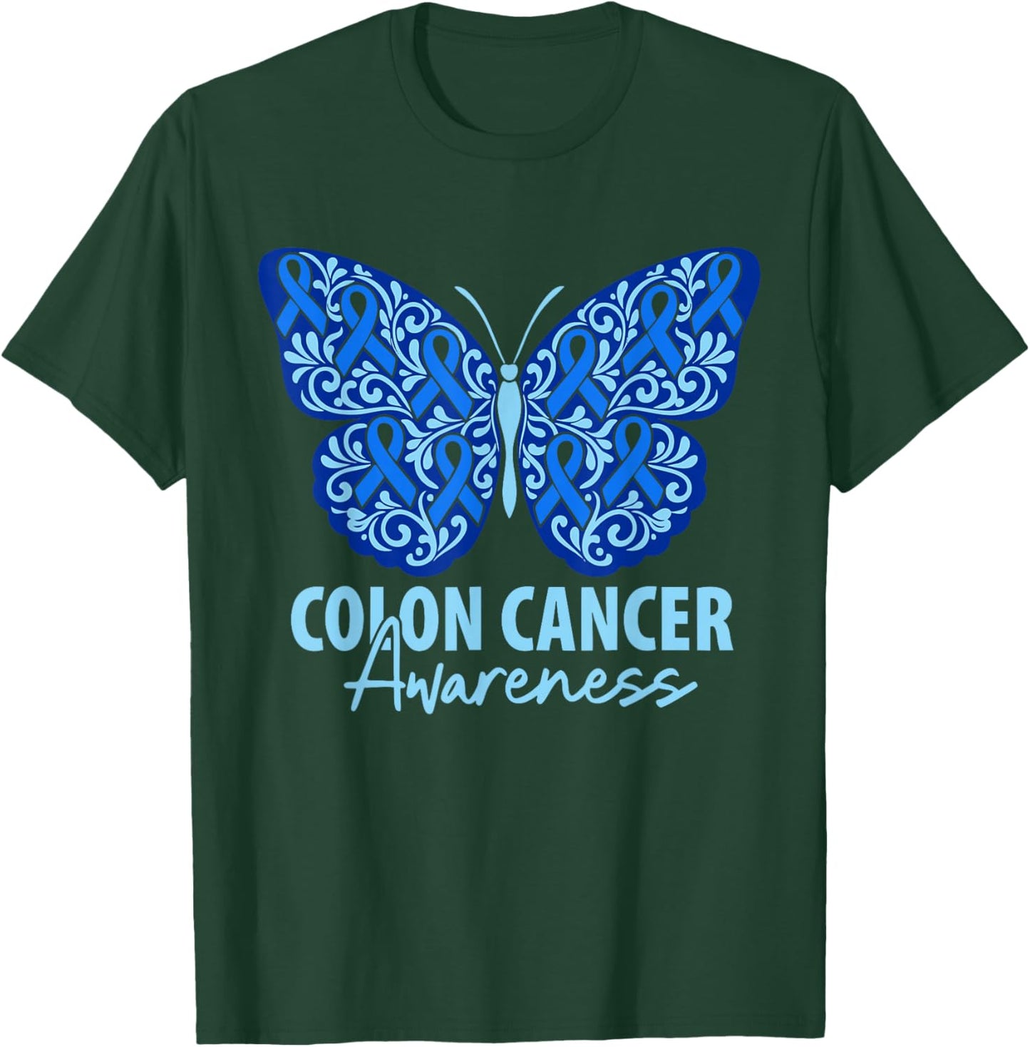 Colorectal Colon Cancer Awareness Blue Ribbon Butterfly T-Shirt - T-Shirt | Forest