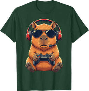 Cute Funny Capybara Gamer Gaming Playing Video Games Kids T-Shirt - T-Shirt | Forest